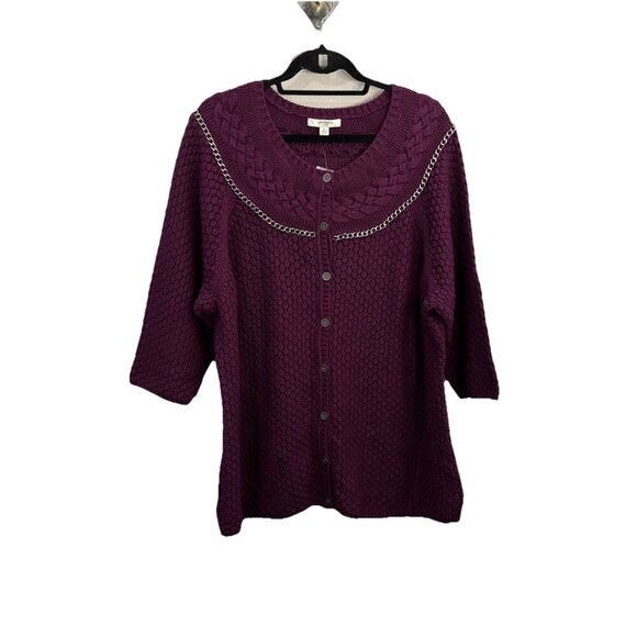 Liz Claiborne PurpleChunky Knit Sweater Cardigan 3/4 Sleeve  Size XL - Picture 1 of 10